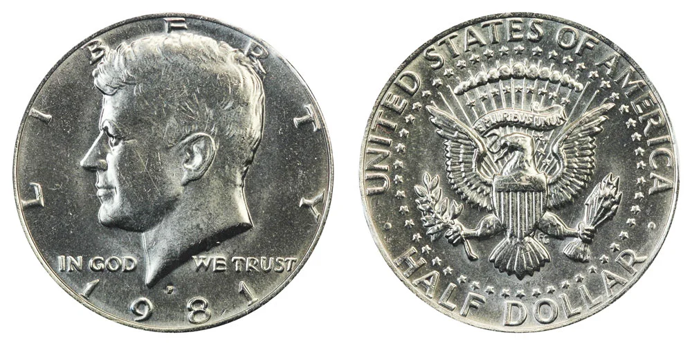 1981 Kennedy half dollar obverse showing JFK portrait, mint mark, and date in sharp detail