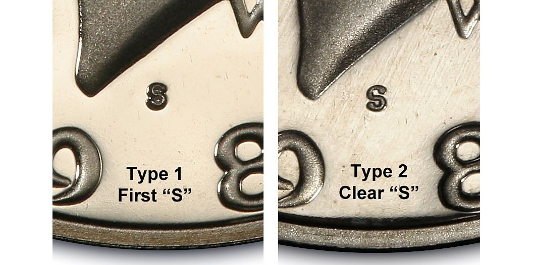 Side-by-side comparison of 1981-S Type 1 Filled S (left) and Type 2 Clear S (right) mint mark under magnification