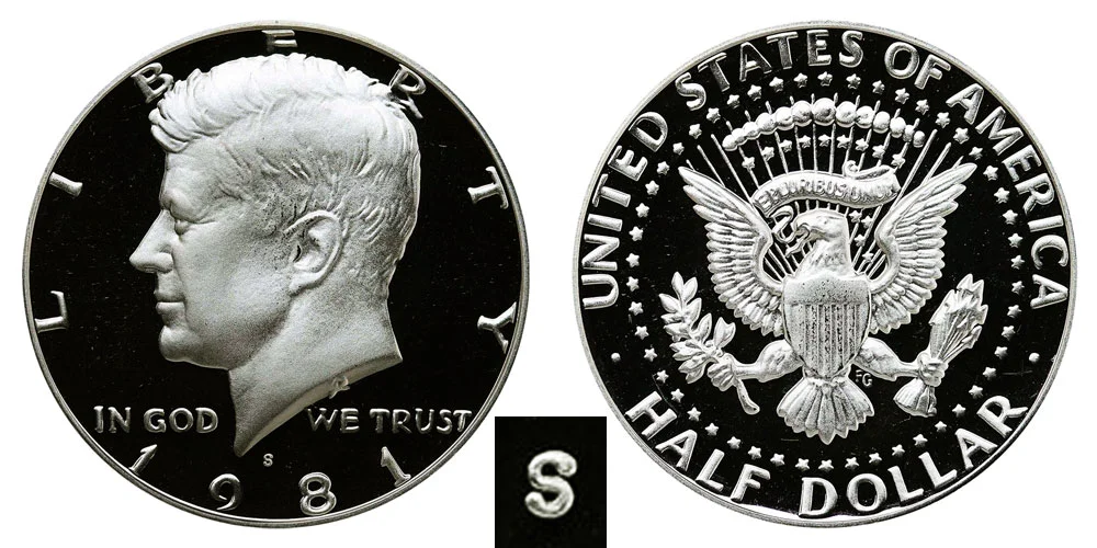 1981-S Type 2 Clear S mint mark close-up showing sharp serifs and distinct bulbous hook ends