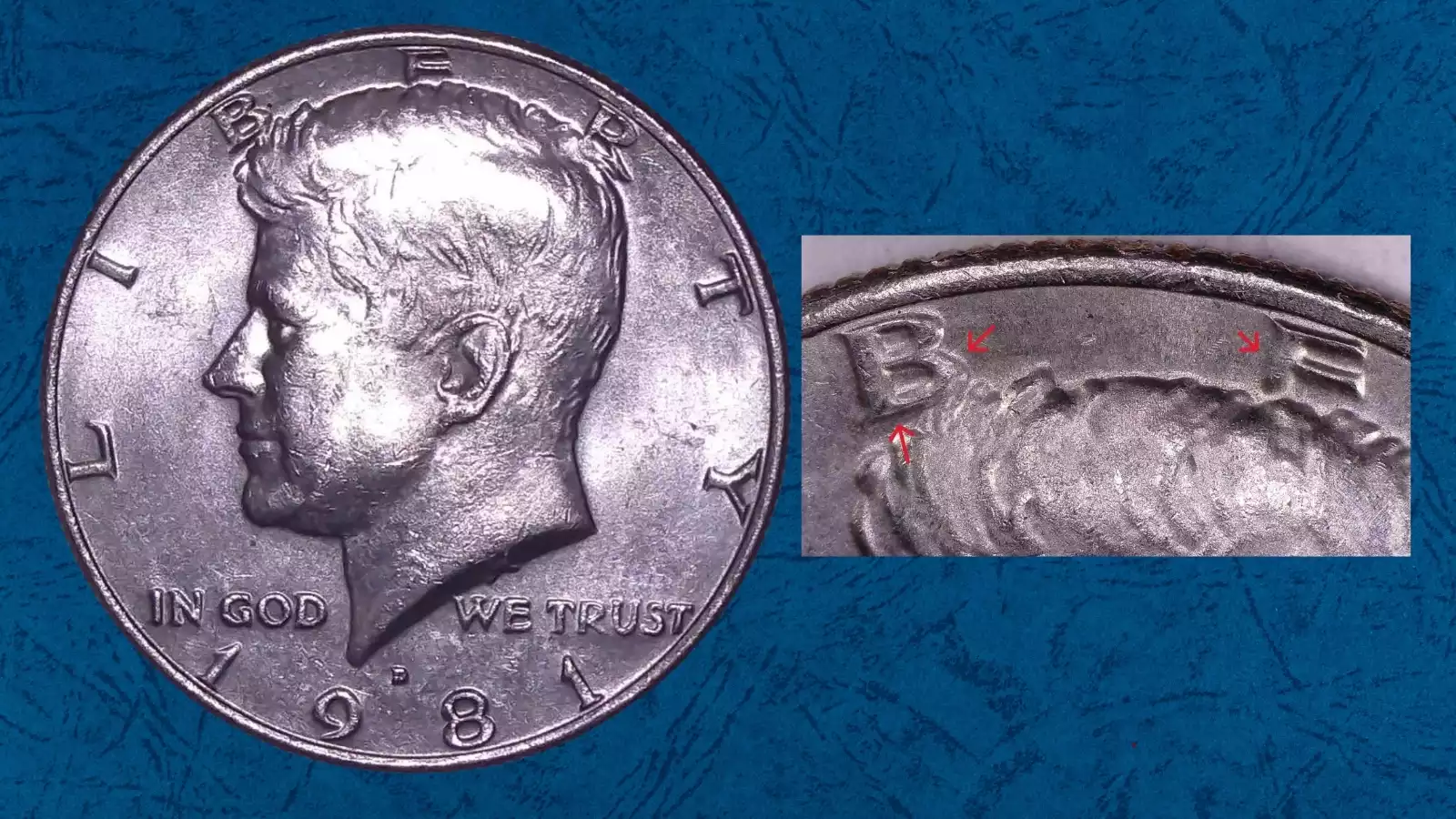 1981 Kennedy half dollar DDO error showing doubling on LIBERTY inscription under magnification