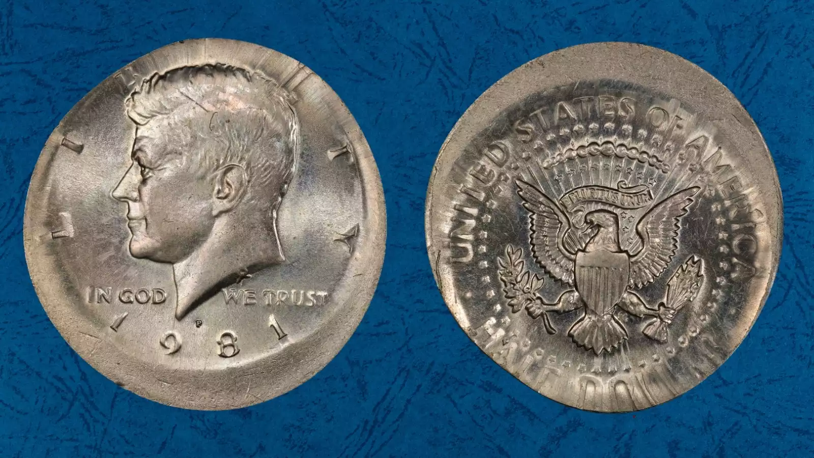 1981 Kennedy half dollar off-center strike error showing shifted design and blank planchet crescent