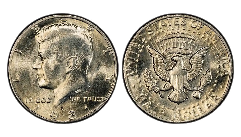 1981 Kennedy half dollar grading strip showing four condition tiers from worn to gem uncirculated